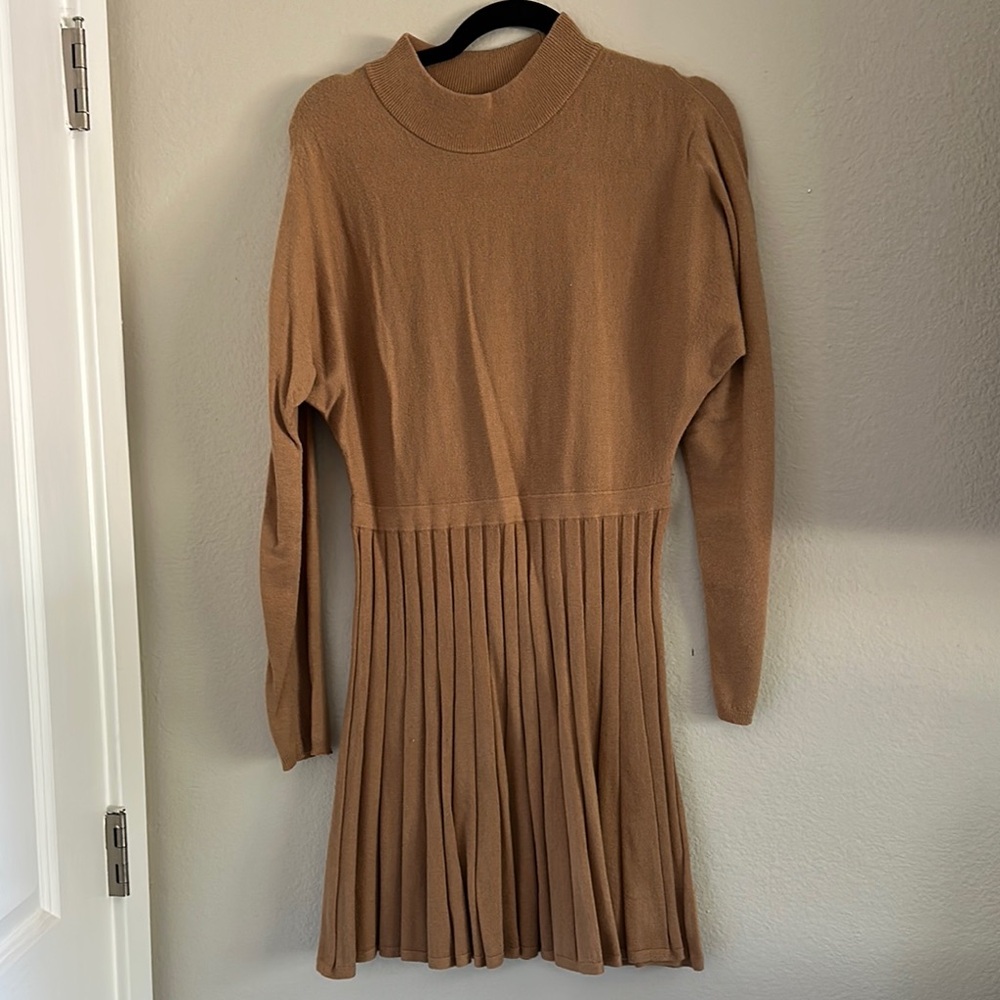 Express Tan Long Sleeve Pleated Sweater Dress